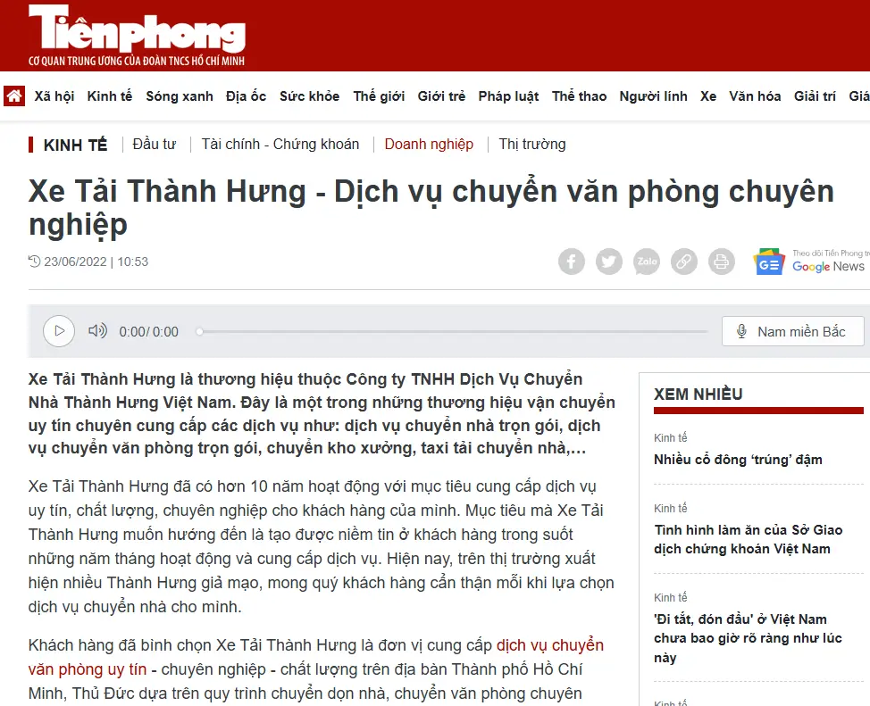 Báo Tiền Phong đưa tin về Thành Hưng