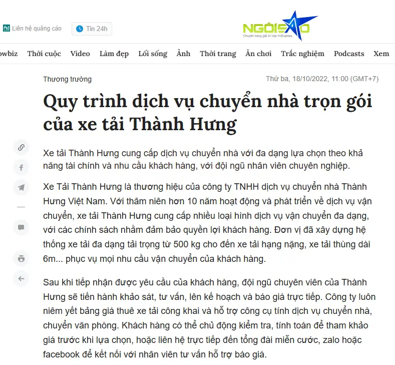 Báo Ngôi Sao đưa tin về Thành Hưng